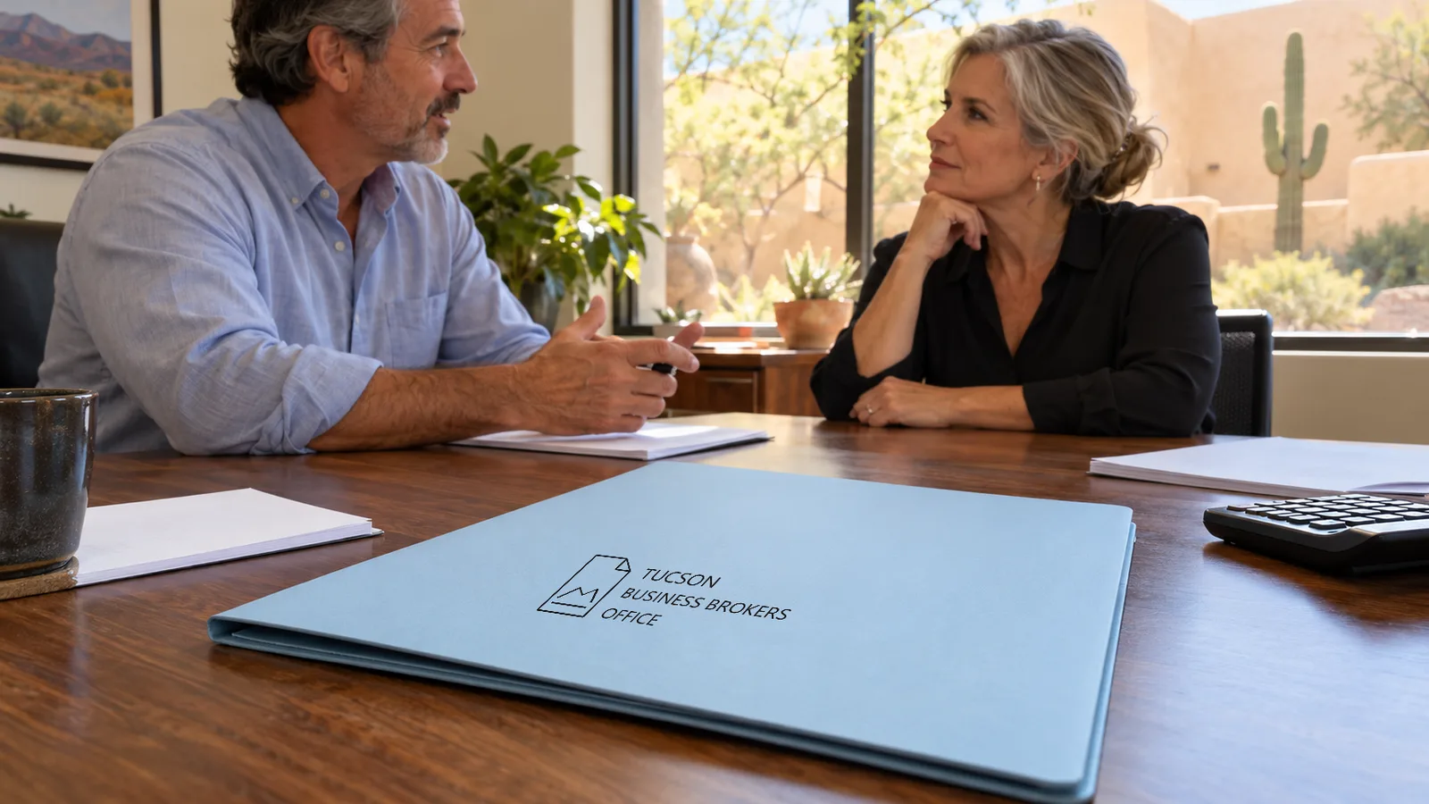 Business owners reviewing a sale folder in a Tucson office